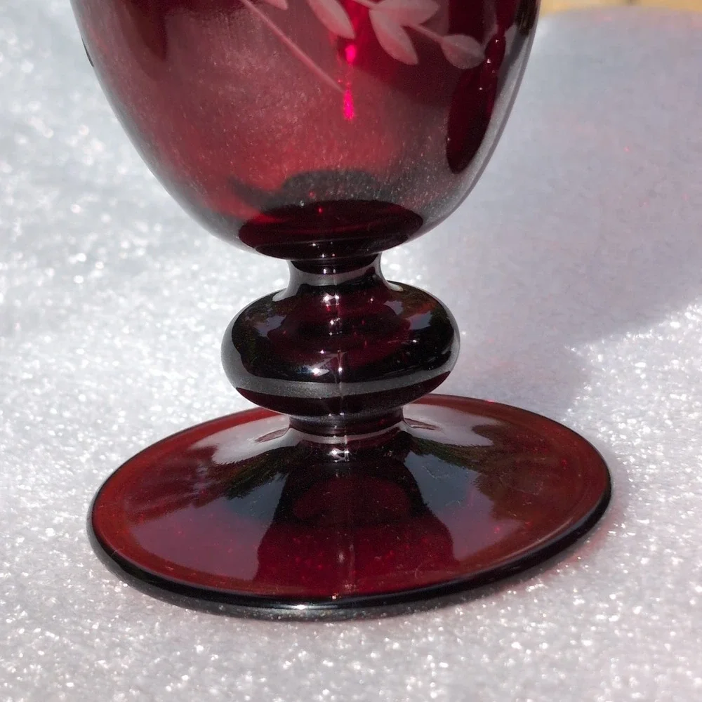 Williams Sonoma Goblet Set Ruby Red Vintage Cut to Clear Floral Glass Etched 4pc